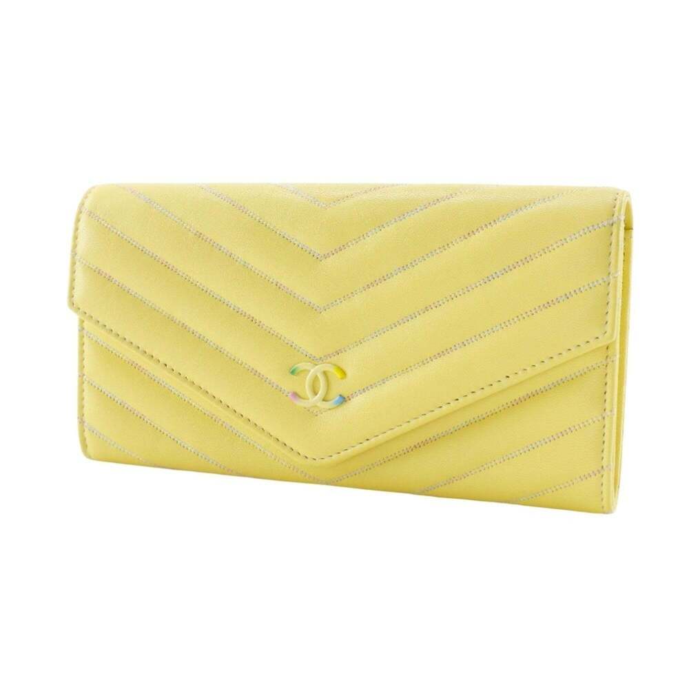 CHANEL Authentic Yellow Lambskin Leather Logo Wallet - Picture 2 of 16